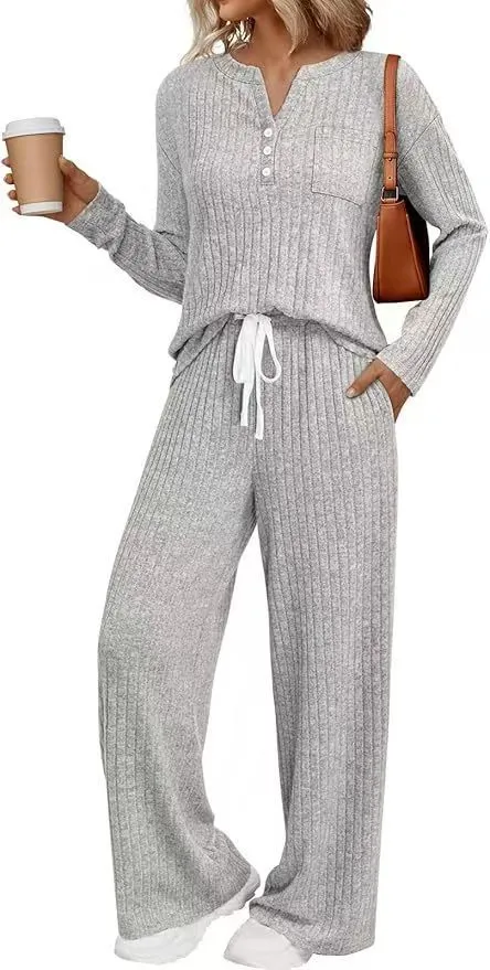 V-neck Striped Knit Casual Comfortable Long Coat Long Sleeve - Light Gray