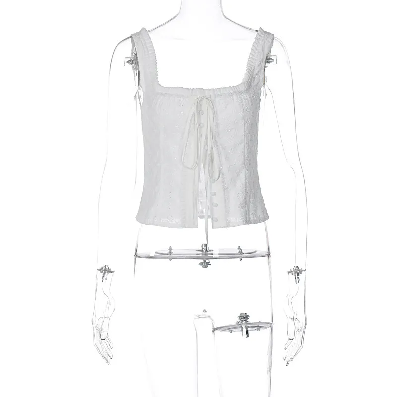 Square Collar Breasted Lace Top Slim Fit Slimming Drawstring T-shirt - White