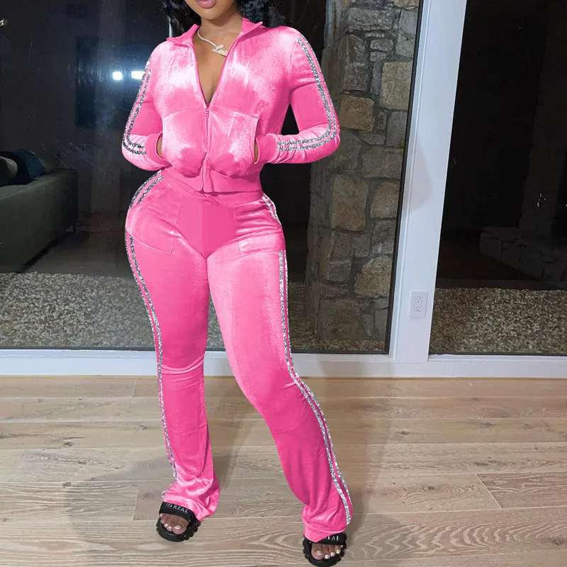 Solid Color Golden Edge Velvet Leisure Sports Sweater Wide Leg Pants Two-piece Set - Pink