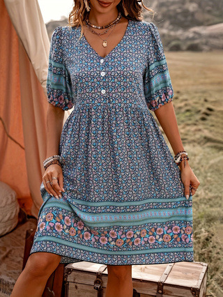 Flower Print Puff Sleeve Button Bohemian Style Dress Peacock Blue - Shop at LoveMi