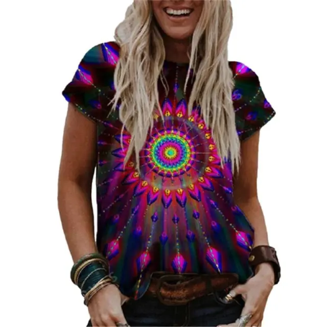 Internet Hot Women's Fashion Clothing Short Sleeve Casual Round Neck Vintage Printed T shirt 1Style - Shop at LoveMi