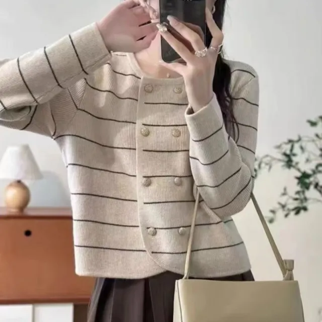 Double Breasted Western Style Classic Striped Color Collision Design Loose Round Neck Cardigan Apricot - Shop at LoveMi