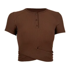 Modal Sports T-shirt Button Round Neck Cross Hem Short Sleeve - Brown - View 1