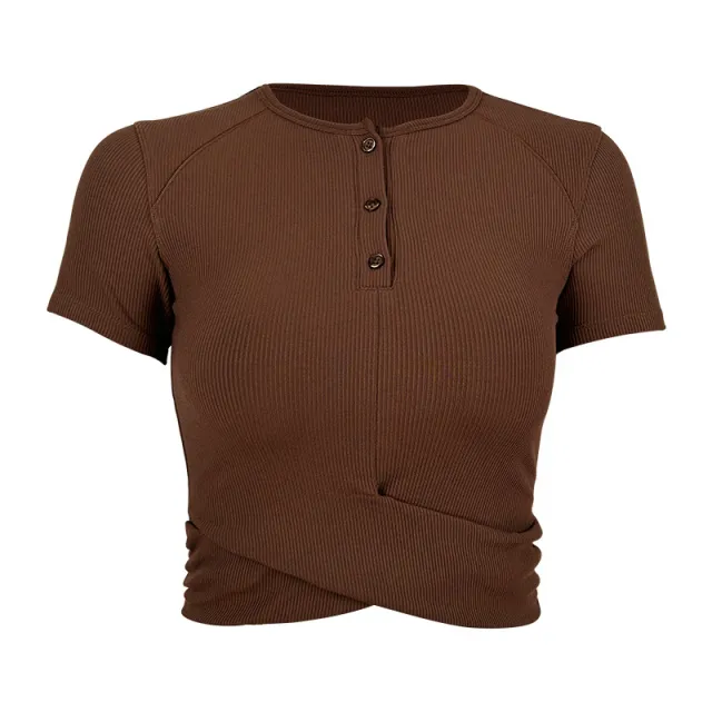 Modal Sports T shirt Button Round Neck Cross Hem Short Sleeve Brown - Shop at LoveMi