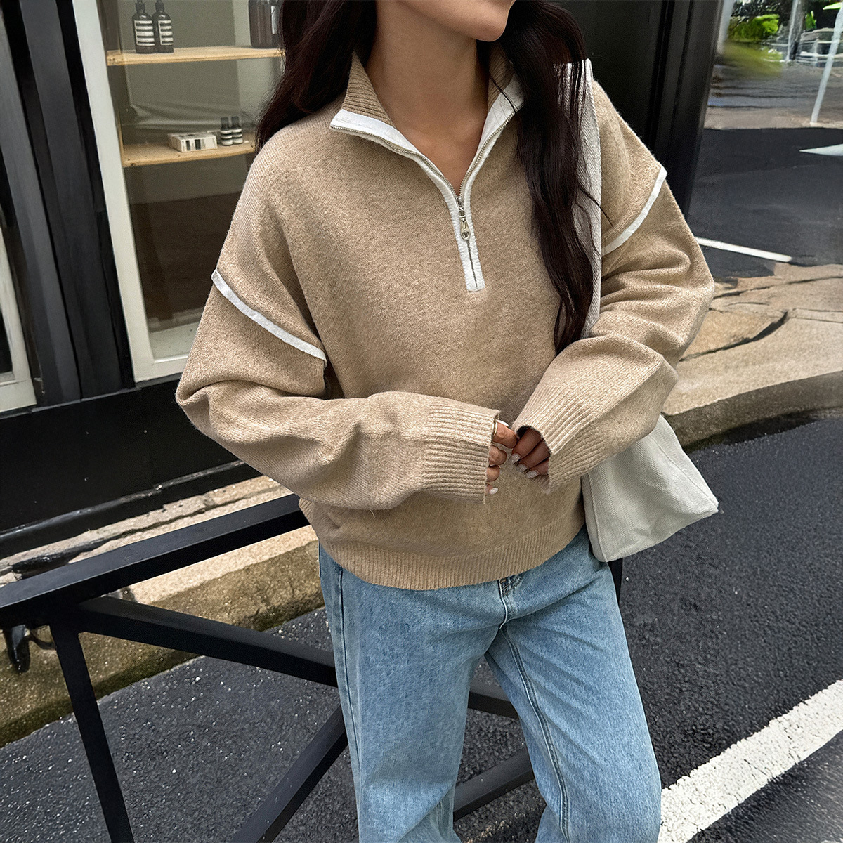Simple Solid Color Long Sleeve Zipper Sweaters Women's Clothing Khaki - Shop at LoveMi