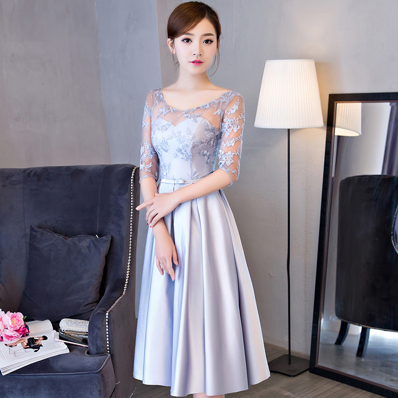 Western Style Summer Banquet Mid length Elegant Party Blue Slim looking Annual Party Evening Dress Silver Gray Blue - Shop at LoveMi