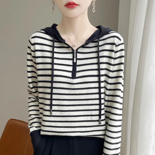 Women's Striped Hooded Long sleeved Knitted Sweater Black - Shop at LoveMi