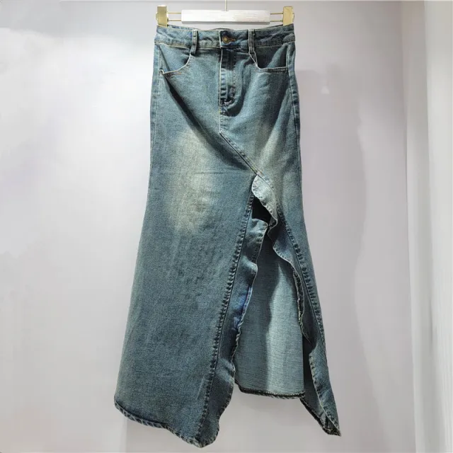 Women's American style Retro Irregular Denim Skirt Retro Blue - Shop at LoveMi