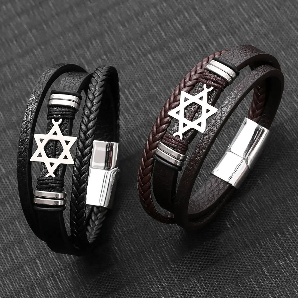 Mens Woven Leather Bracelet Multi-layer Magnetic Clasp