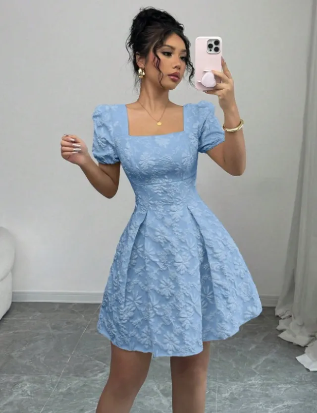 Elegant Jacquard Solid Color Puff Sleeve Square Neck Dress Sky Blue - Shop at LoveMi