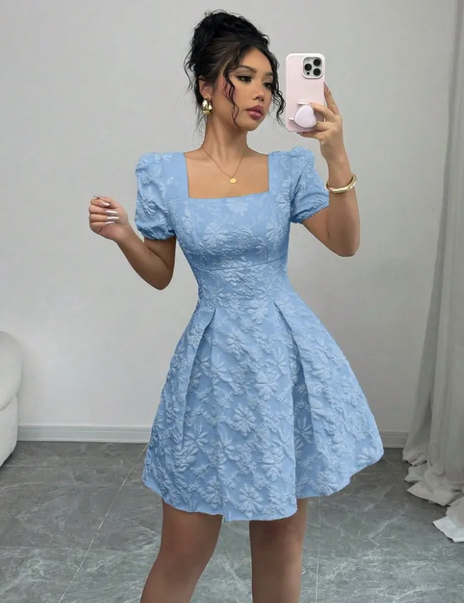 Elegant Jacquard Solid Color Puff Sleeve Square Neck Dress - Sky Blue