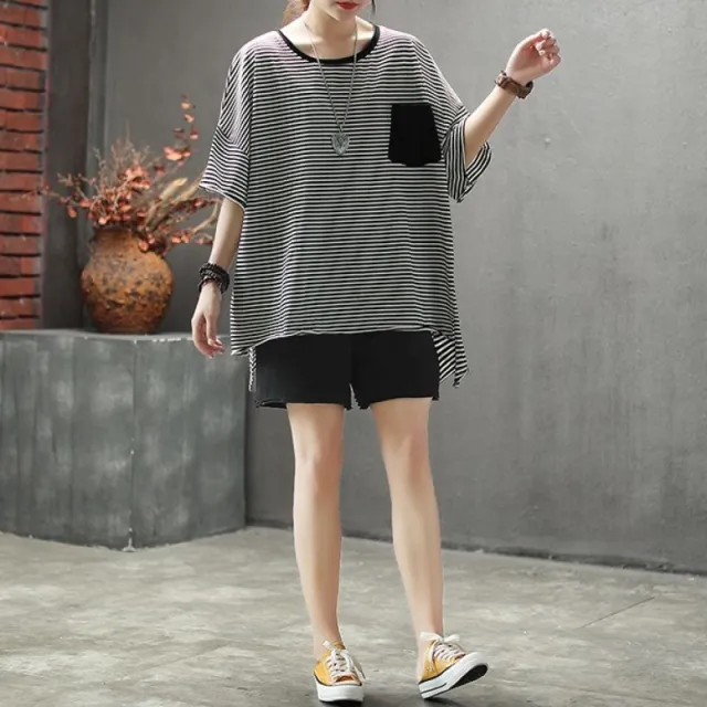 Korean Style Loose Plus Size Shorts Casual Suit Summer Women Black Striped Suit - Shop at LoveMi