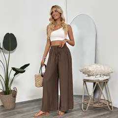Casual Simple Style Lace-up Embroidered Loose Wide-leg Pants - Brown - View 1
