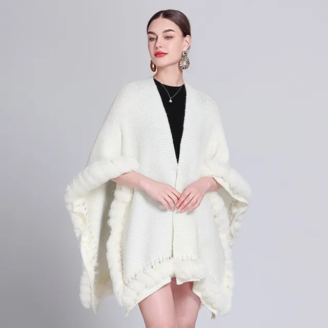 Solid Color Knitted Cape And Shawl Sweater Coat White - Shop at LoveMi
