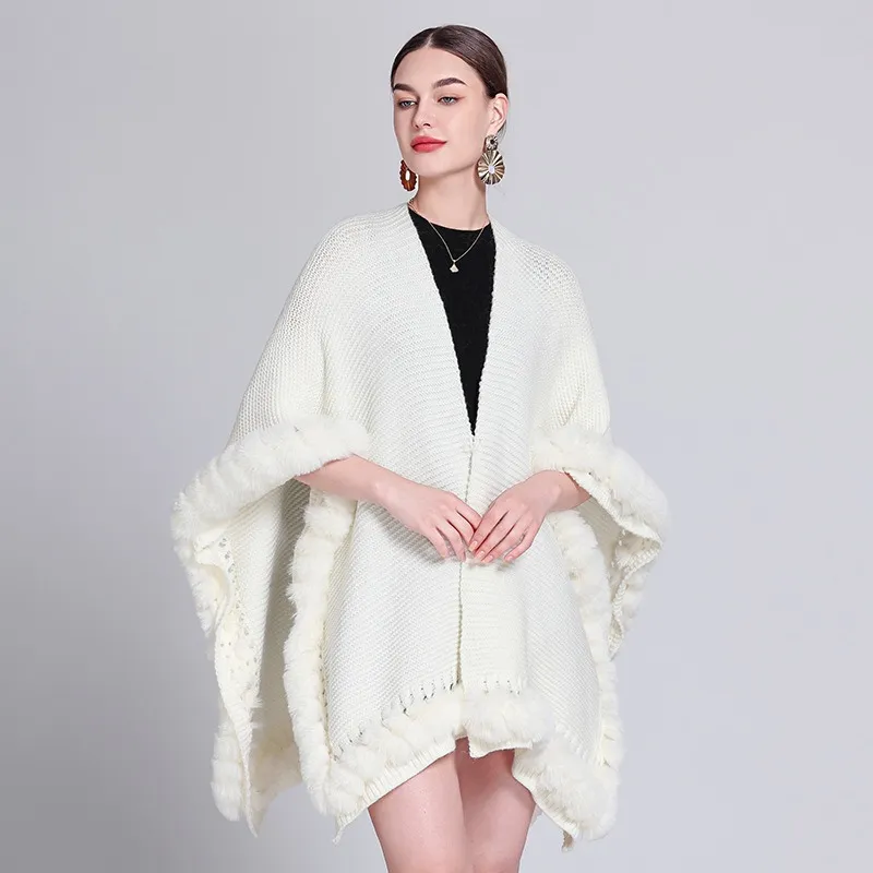 Solid Color Knitted Cape And Shawl Sweater Coat - White
