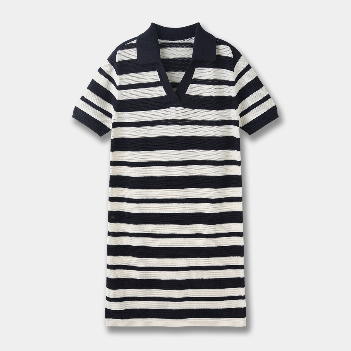 Black And White Striped Hollow out Blended Knitted Mini Dress Lapel Short Sleeve Stripes - Shop at LoveMi