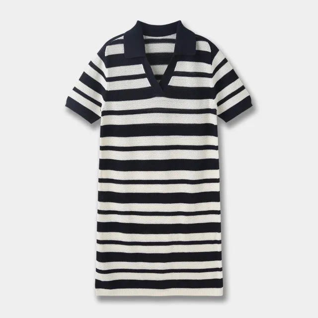 Black And White Striped Hollow out Blended Knitted Mini Dress Lapel Short Sleeve Stripes - Shop at LoveMi
