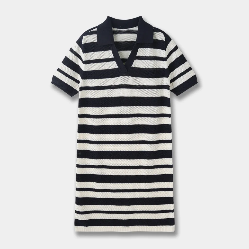 Black And White Striped Hollow-out Blended Knitted Mini Dress Lapel Short Sleeve - Stripes