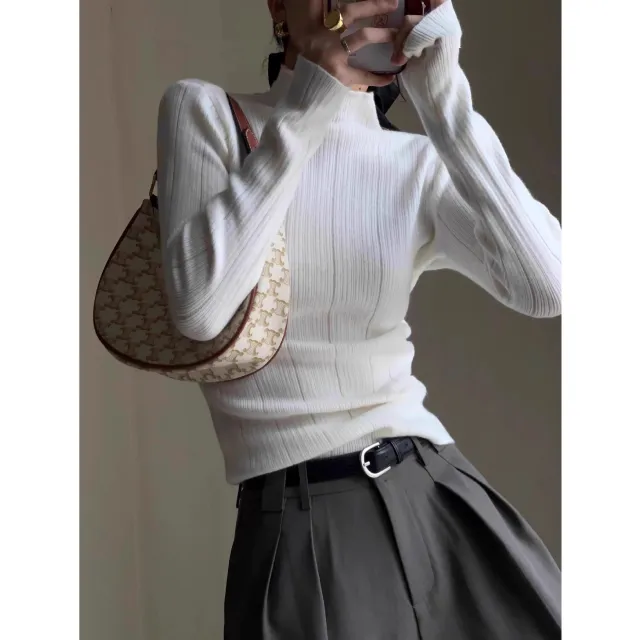 Women's Half Turtleneck Solid Color Autumn Knitted Sweater Slimming Bottoming Shirt White - Shop at LoveMi