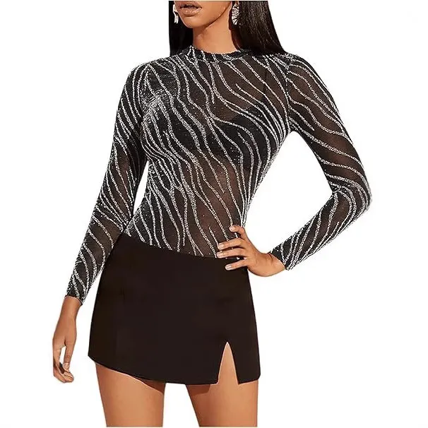 Women's Glossy Transparent Knit Long sleeve Crew neck Top Black - Shop at LoveMi