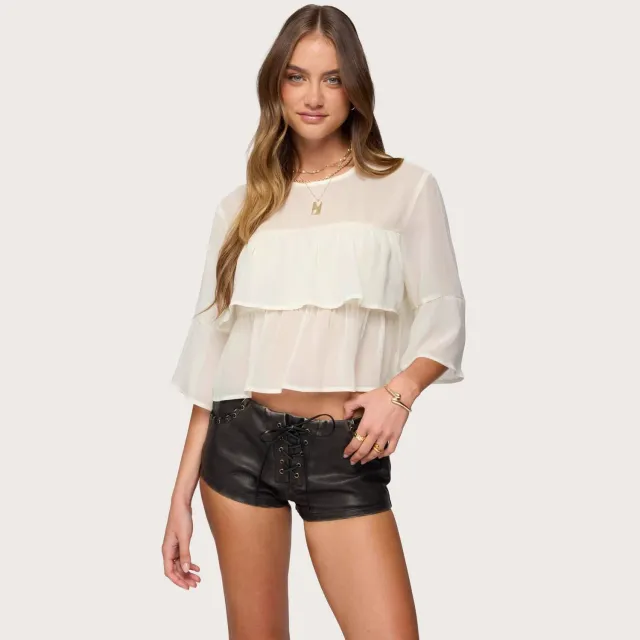 High end Creamy white Chiffon Top Fashion Casual T shirt For Women Milky White - Shop at LoveMi