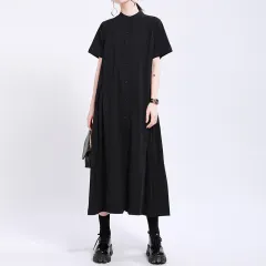 Design Sense Japanese Pure Colour Cotton And Linen Irregular Dress - Black - View 1