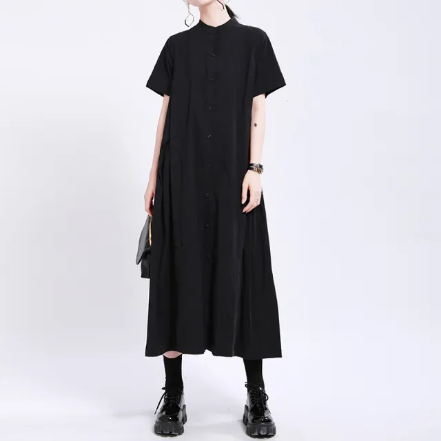 Design Sense Japanese Pure Color Cotton And Linen Irregular Dress Black - Shop at LoveMi