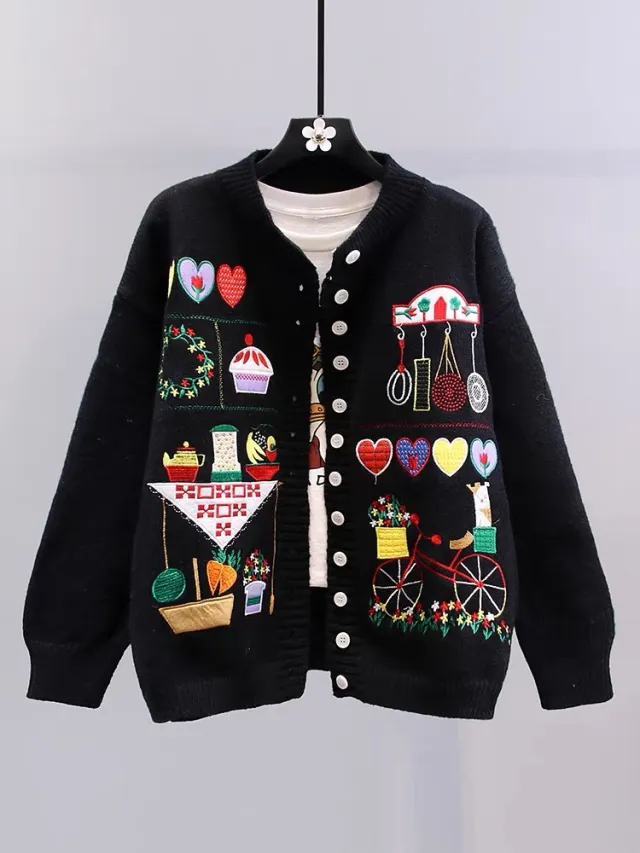 Japanese Cartoon Vintage Embroidered Sweater Coat Women's Autumn And Winter Knitting Cardigan Black Cashmere - Shop at LoveMi