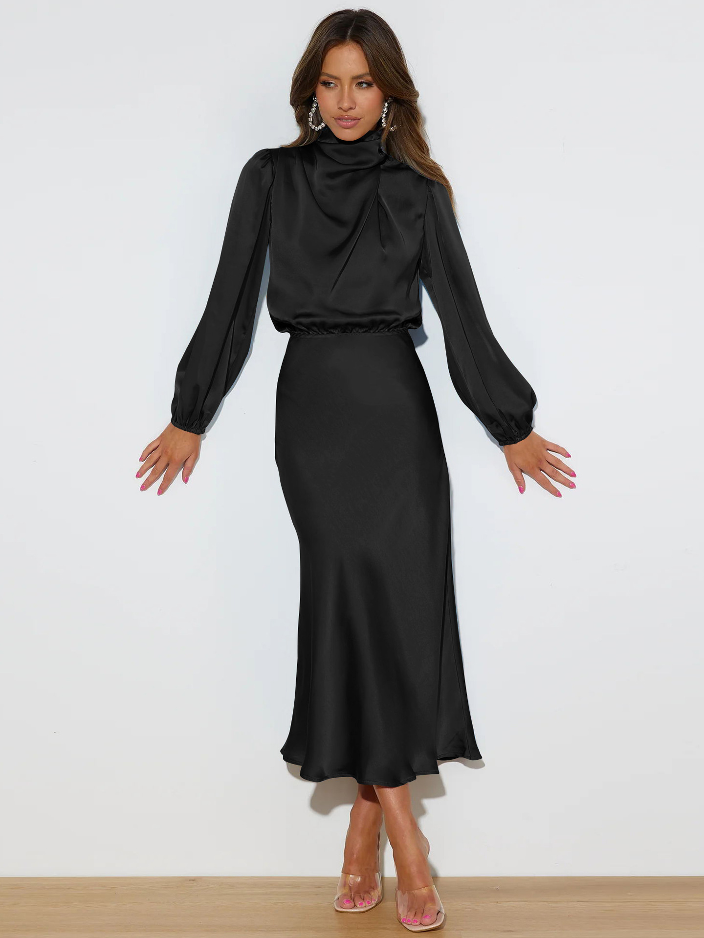 Elegant Temperament Long-sleeved Dress Satin Halterneck Formal Evening Dresses Women Clothing - Image 5