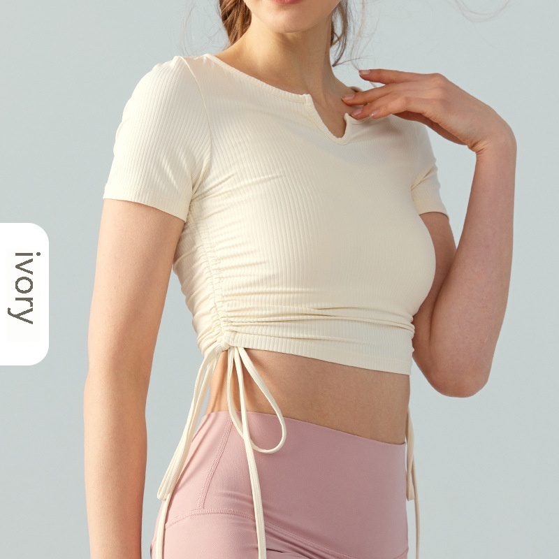 Drawstring V neck Irregular Sports Short Sleeve Yoga Jacket Ivory White - Shop at LoveMi