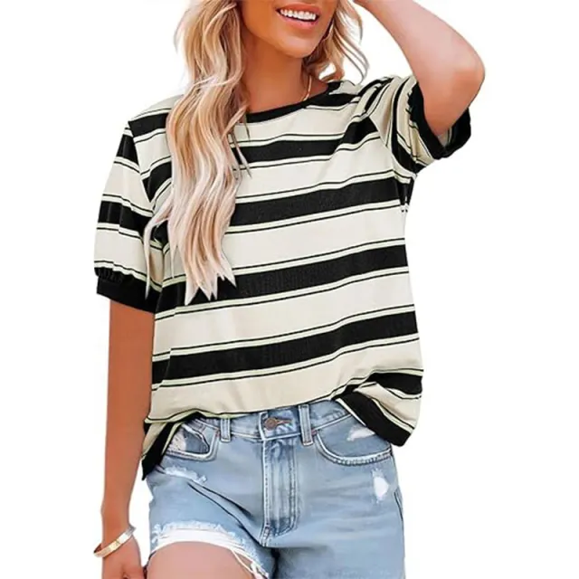 Women's Round Neck Colored Mosaic Large Striped Loose All matching Shirt Black - Shop at LoveMi