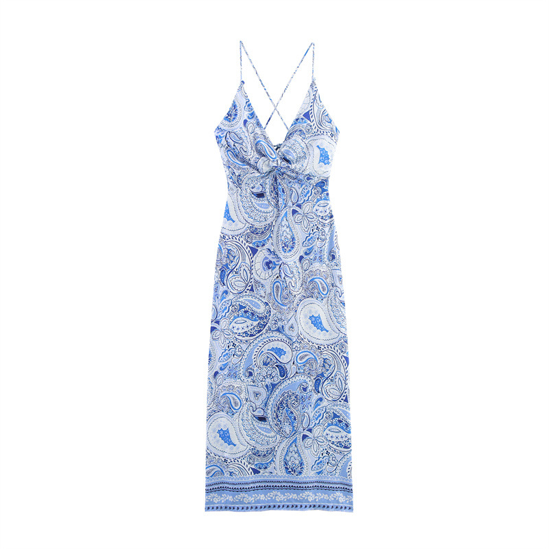 European And American Style Bow Tie Printed Midi Skirt Sling Dress