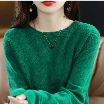 Pure Wool Sweater Women's Round Neck Pullover Loose Emerald Xl - Shop at LoveMi