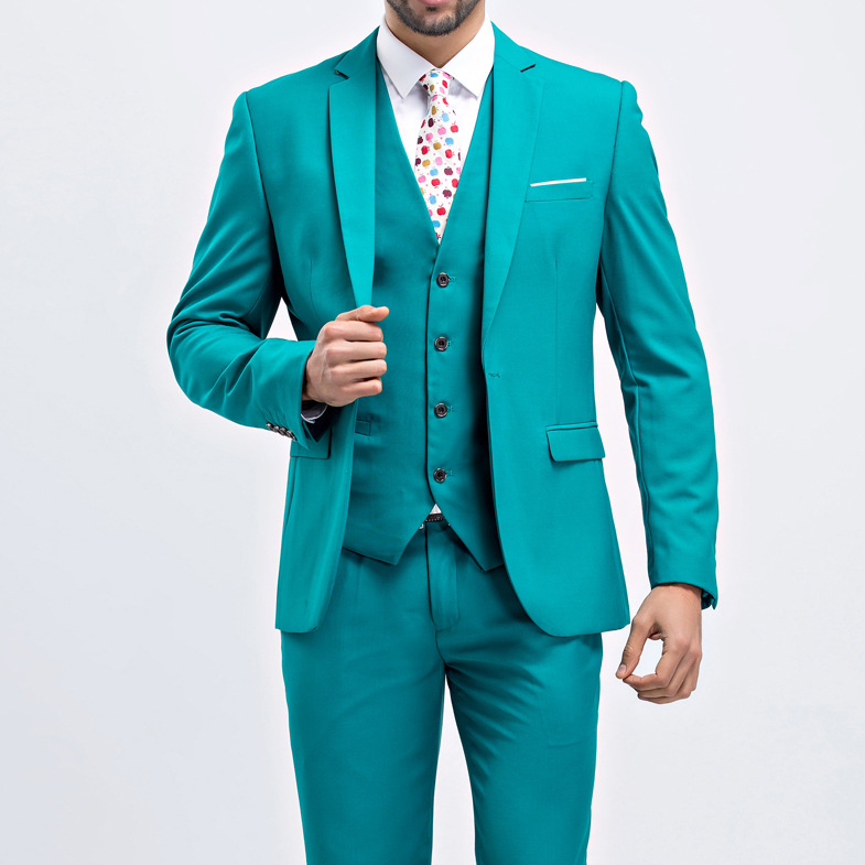 Mens Solid-Colored Business-Casual Three-Piece Suit