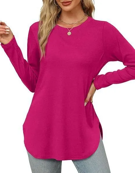 Solid Color Long sleeved Top Round Neck Loose Casual Bottoming Shirt Rose - Shop at LoveMi