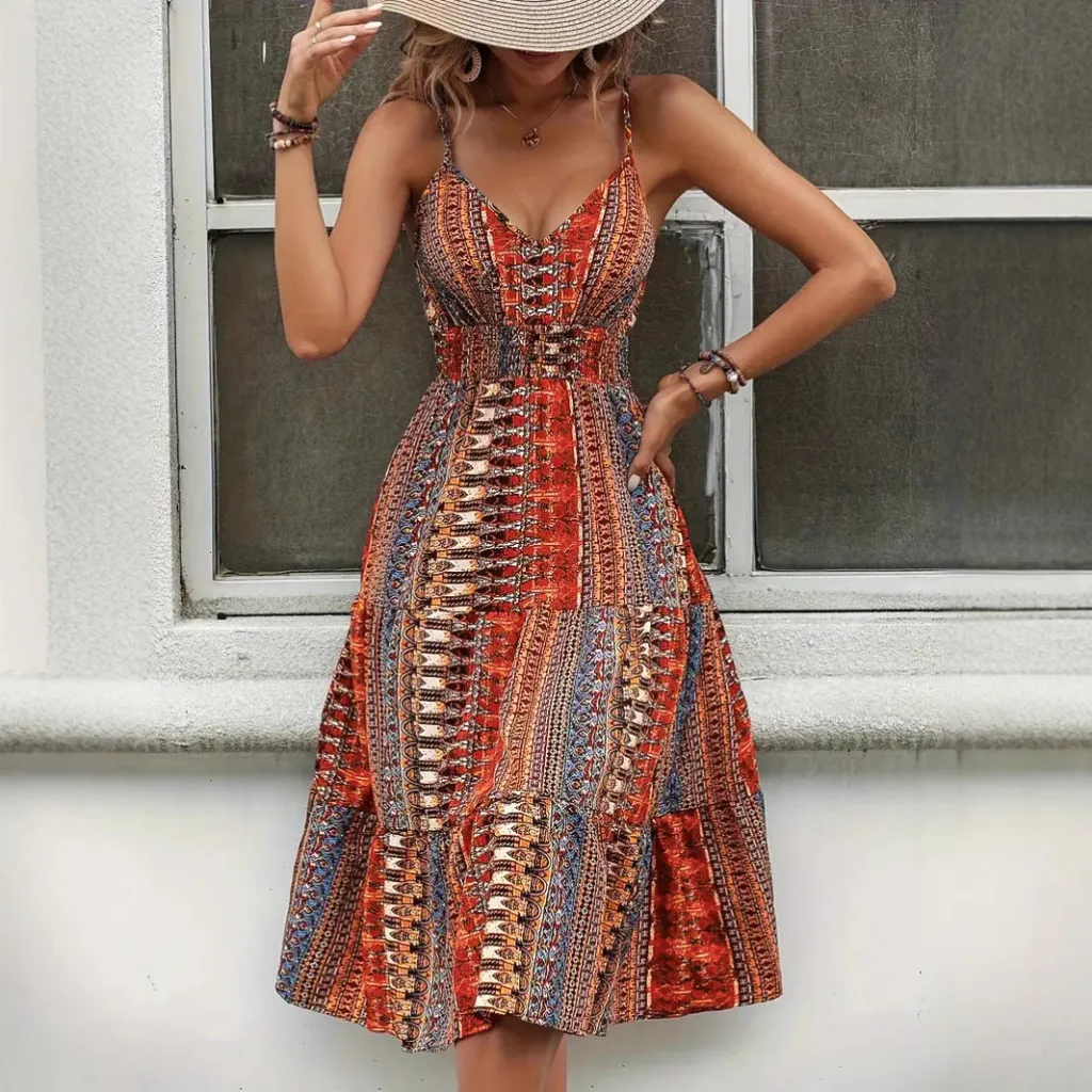 Summer Fashion Printed Camisole Dress - Red