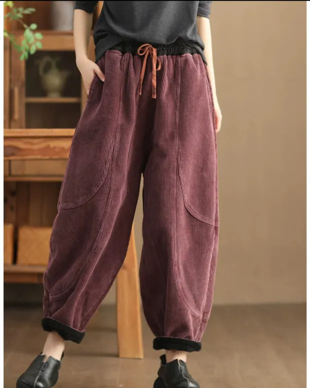 Loose Stitching And Brushed Warm Trousers For Women Wine Red - Shop at LoveMi