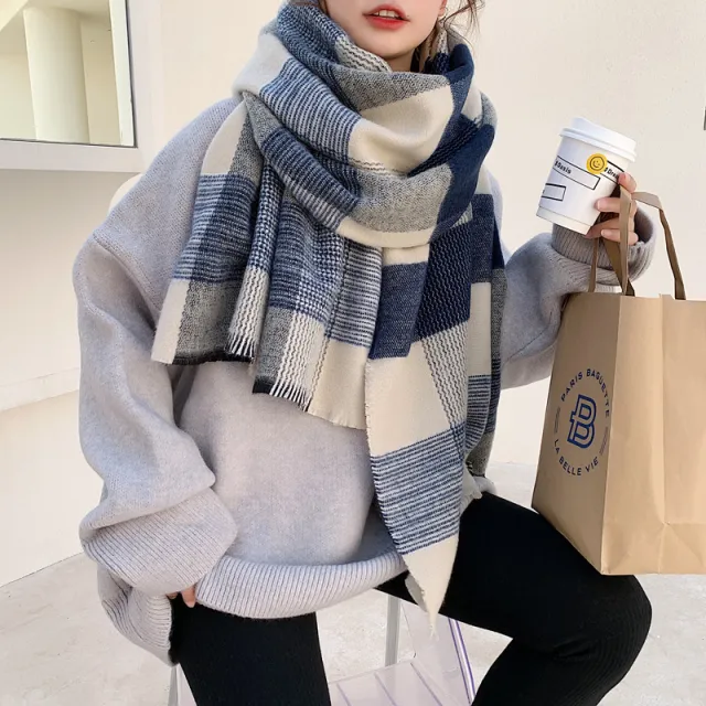 Women's Japanese style White And Blue Plaid Scarf Navy Blue Stripes - Shop at LoveMi