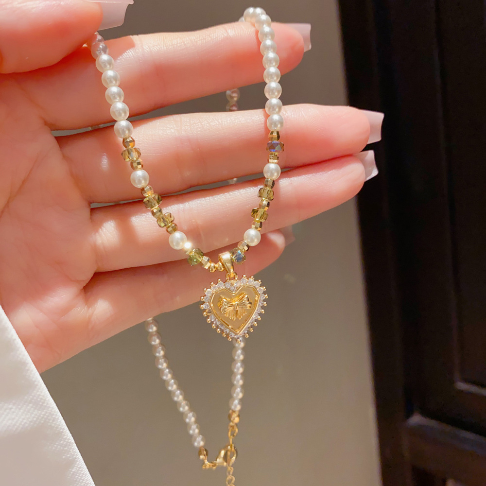 French-Style Zircon Heart Pearl Necklace