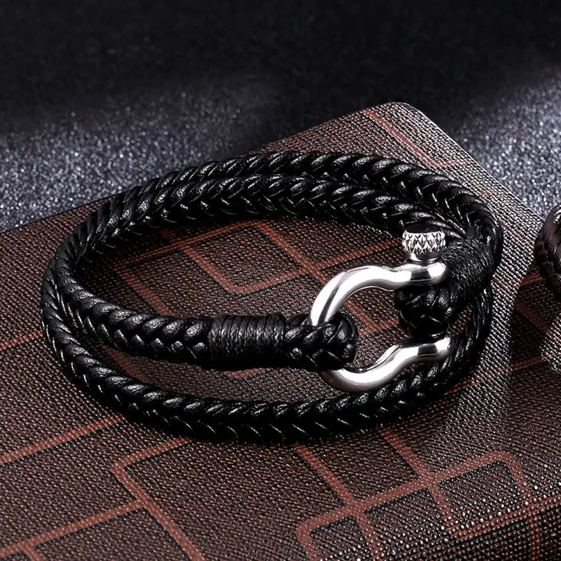 Navy Anchor Chain Genuine Leather Vachette Clasp Woven Leather Bracelet