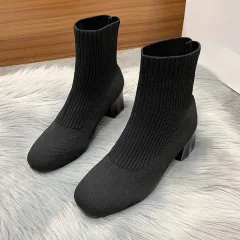 Women's Boots Round Toe Sleeve Thick Heel Flyknit - Black - View 1