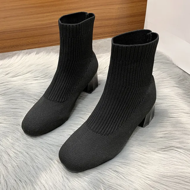 Women's Boots Round Toe Sleeve Thick Heel Flyknit Black - Shop at LoveMi
