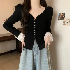 V-neck Slim Fit Slimming Long Sleeves Bottoming Shirt Trendy Top - Black - View 1