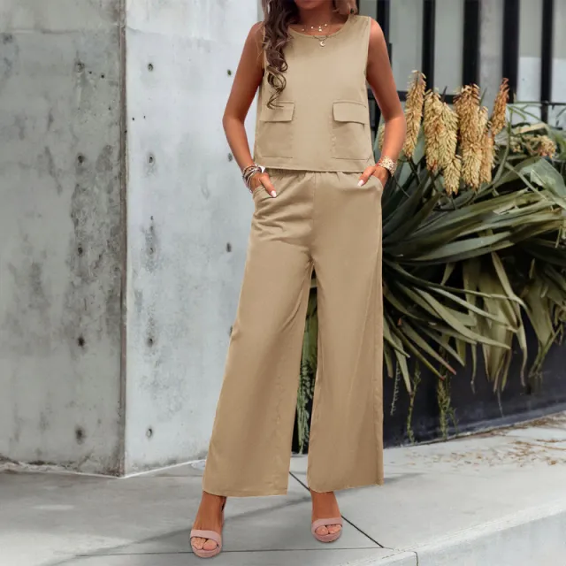Leisure Solid Color Sleeveless Top Wide Leg Trousers Suit Apricot - Shop at LoveMi