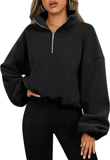 Women's Half Zipped Stand Collar Drawstring At Hem Polar Fleece Autumn Winter Sweater Black - Shop at LoveMi