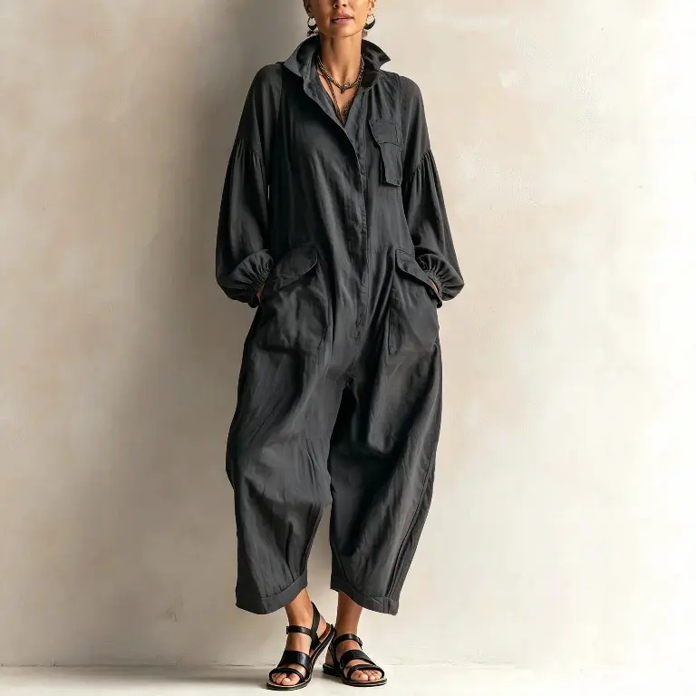 Womens Workwear Jumpsuit With A Turn-down Collar