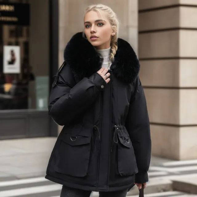 Women's Clothing Fleece lined Thick Parka Short Slim Fit Black - Shop at LoveMi
