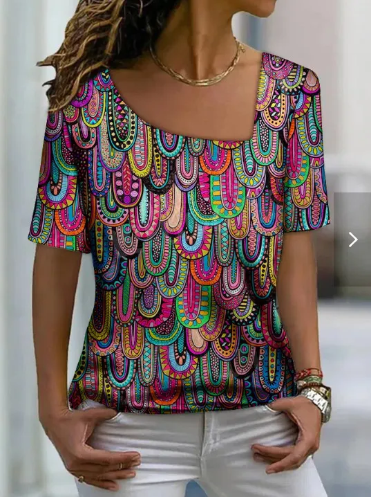 Women's Fashion Irregular Collar Printed T shirt Color - Shop at LoveMi