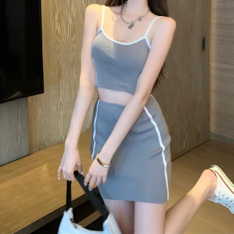 Summer Color Matching Camisole Short High Waist Skirt Two-piece Set