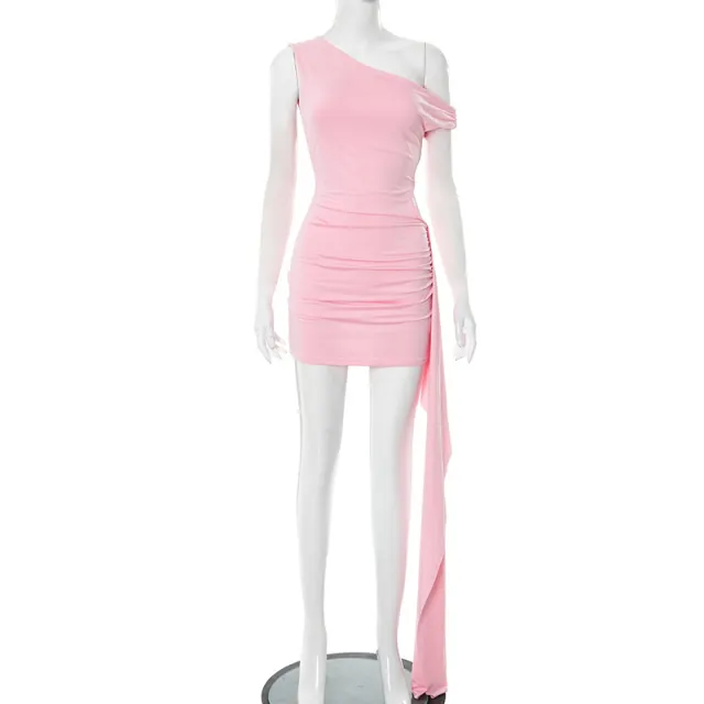 Women's Diagonal Collar Hollow Ribbon Hip Bag Dress Pink - Shop at LoveMi